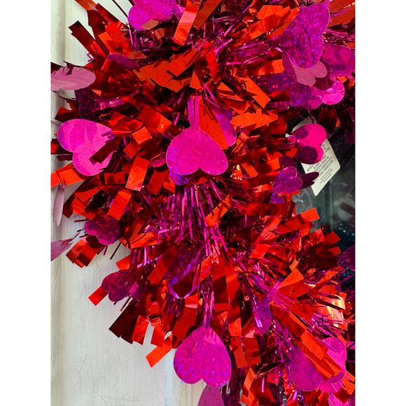 14” Red & Magenta Pink Tinsel Heart Valentines Day Wreath Door Hanger Wall Decor - Picture 2 of 6